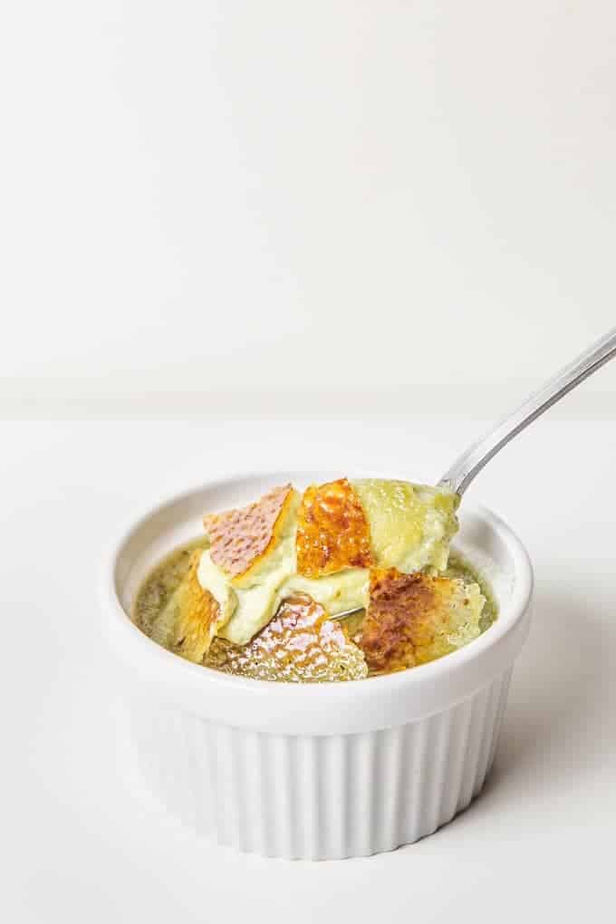 Instant Pot Green Tea Creme Brulee Recipe (Pressure Cooker Creme Brulee): make this rich creamy custard and crackable caramel top. Easy yet fancy dessert.