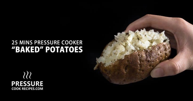 Make these quick & easy Pressure Cooker Potatoes in 25 minutes! Shortcut to make Oven Baked Potatoes with a slight crisp skin. Cuts cooking time in half!