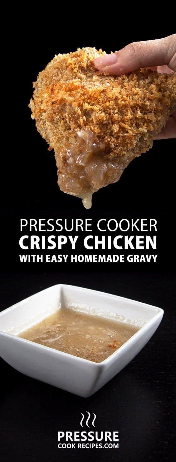 Make this Crispy Pressure Cooker Chicken with Easy Homemade Chicken Gravy Recipe. Imagine a bite of moist & tender chicken coated with crispy & buttery breading, dipped into rich & flavorful chicken gravy made from scratch. You'll love this delicious shortcut to make oven-fried chicken!