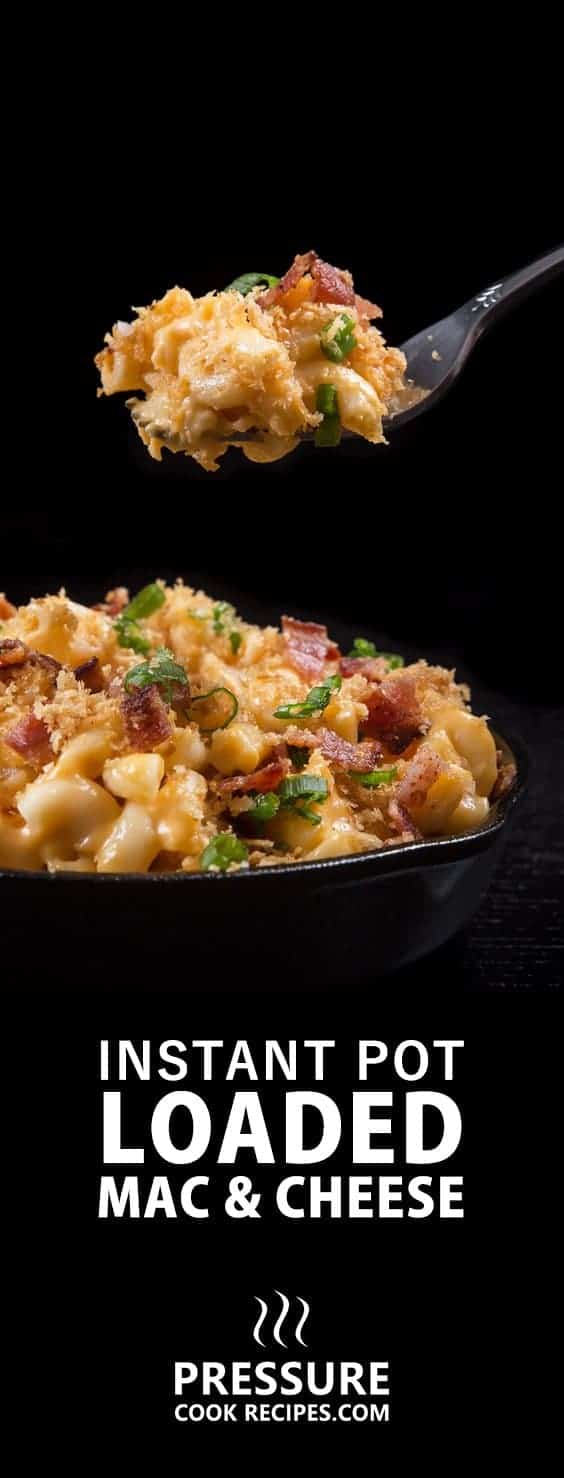 Loaded Instant Pot Mac and Cheese Recipe: Piping hot elbow macaroni swimming in creamy cheddar cheese sauce. Sprinkled with buttery toasted golden breadcrumbs, smoky crispy bacon bits, and crunchy scallions. Indulge in this ultimate kid-friendly comfort food.