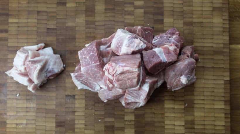 Easy Instant Pot Carnitas Recipe (Pressure Cooker Carnitas): cut pork shoulder (pork butt) meat into 2 inches cubes