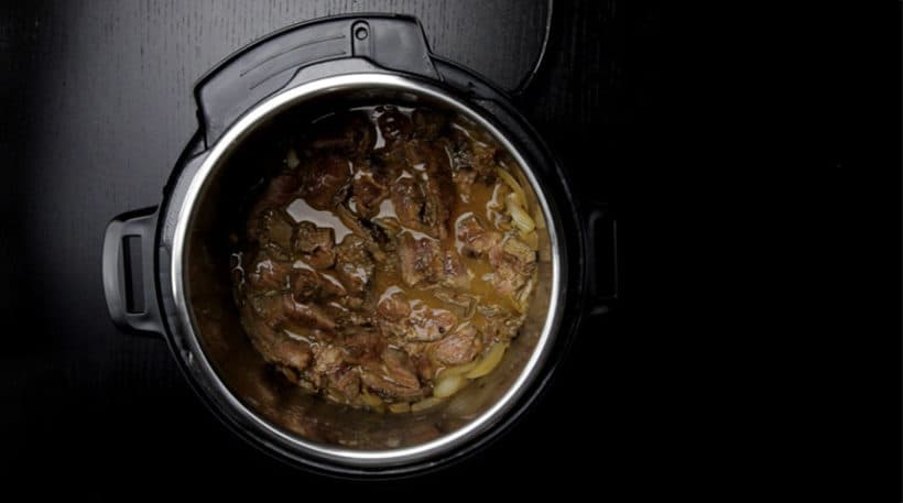 Make Umami Instant Pot Beef Stroganoff Recipe (Pressure Cooker Beef Stroganoff): pressure cook sliced chuck roast in Instant Pot Electric Pressure Cooker