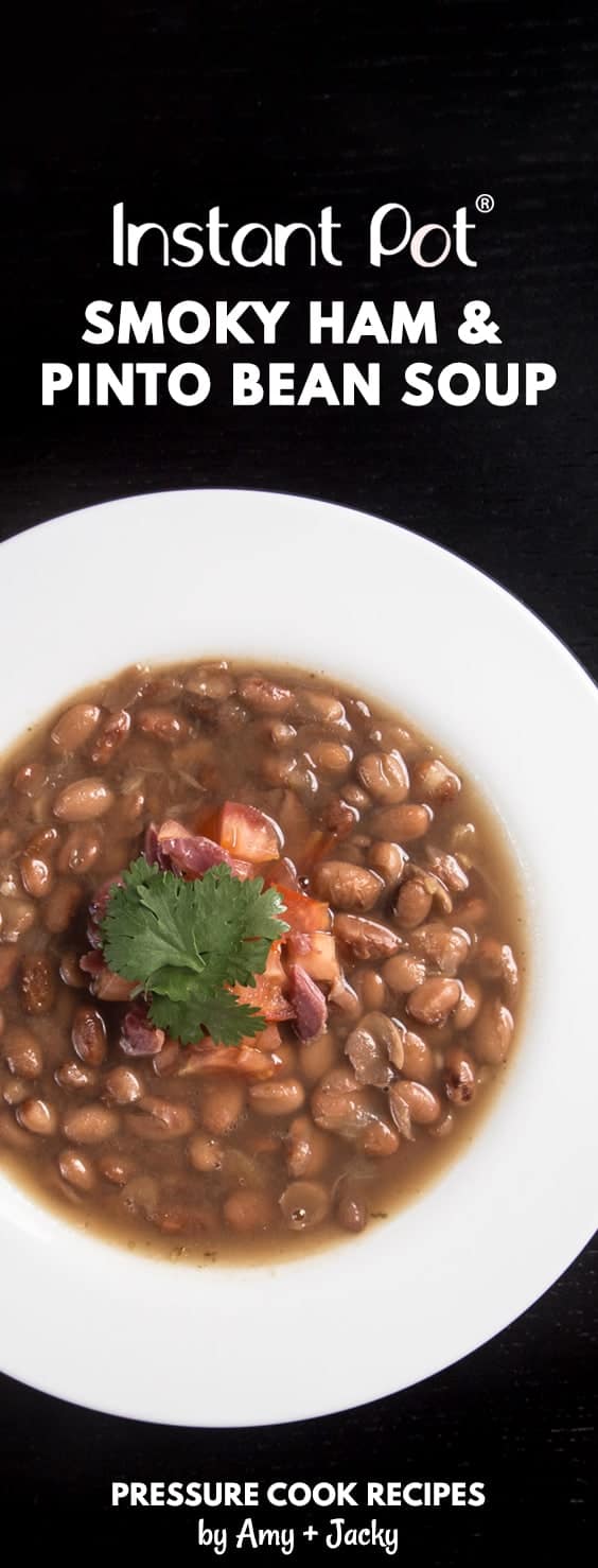 Make this Smoky Instant Pot Ham and Bean Soup Recipe (Pressure Cooker Ham and Bean Soup). No need to pre-soak the pinto beans with dump-and-go option. Super easy to make and deliciously comforting to eat!
