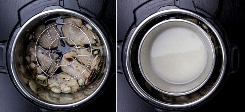 Instant Pot Chicken Adobo Recipe (Pressure Cooker Chicken Adobo): pressure cooker chicken adobo with pot in pot rice on top of a steamer rack in stainless steel bowl