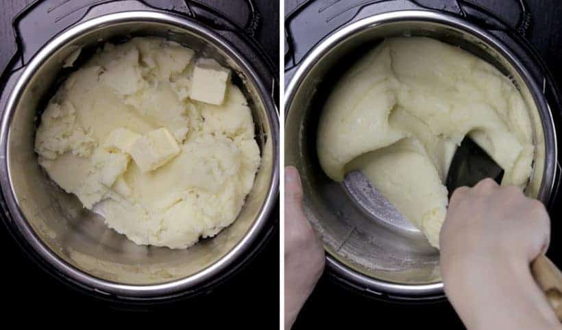 Michelin-Star Inspired Instant Pot Mashed Potatoes Recipe: add unsalted butter and melt it into the potatoes by stirring with silicone spatula