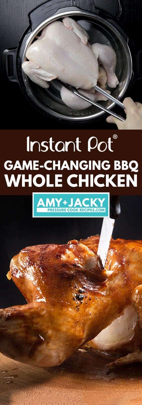Instant Pot BBQ Whole Chicken Recipe (Pressure Cooker Whole Chicken): Make this 4-ingredient Game -Changing Instant Pot Whole Chicken in 3 Easy Steps! Tender, juicy chicken glazed with caramelized BBQ sauce. Super easy weeknight meal. #instantpot #instantpotrecipes #pressurecooker #pressurecookerrecipes #chicken #chickenrecipes #wholechicken
