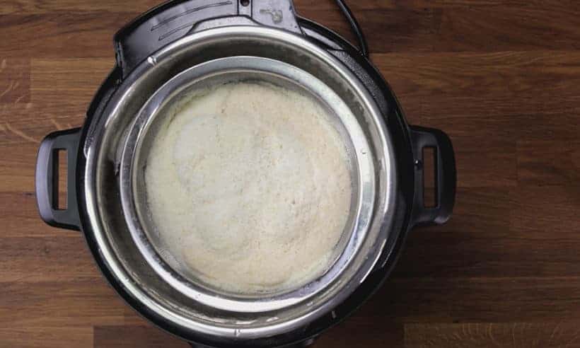 Make 3-Ingredient Fresh Instant Pot Soy Milk Recipe (Pressure Cooker Soy Milk 豆漿, 豆奶): remove steamer basket of okara