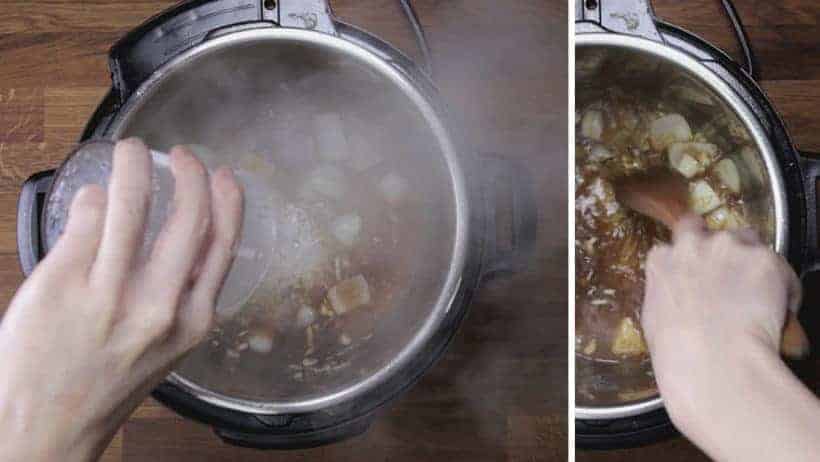 How to Make Instant Pot Sweet 'n Sour Pork Chops Recipe: deglaze bottom of Instant Pot inner pot with cold water and scrub with wooden spoon
