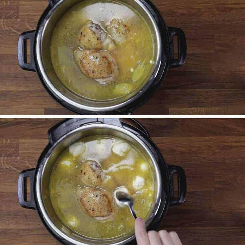 Instant Pot Chicken and Dumplings Recipe (Pressure Cooker Chicken and Dumplings): add dumplings dough into Instant Pot Pressure Cooker