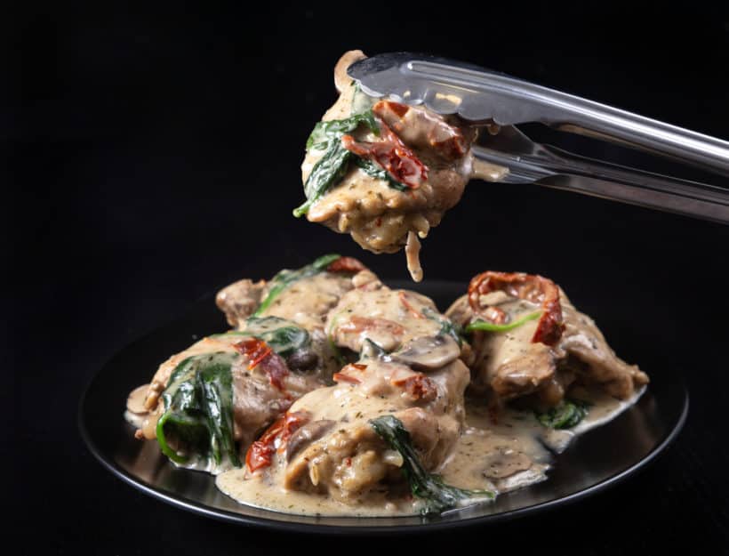 Creamy Instant Pot Tuscan Chicken Recipe (Pressure Cooker Tuscan Garlic Chicken): Make Italian-inspired tender chicken in simple yet richly balanced creamy garlic sauce with caramelized mushrooms and sweet sun-dried tomatoes. Crazy satisfying easy weeknight meal!