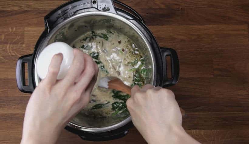 Instant Pot Tuscan Chicken Recipe (Pressure Cooker Tuscan Garlic Chicken): add sheavy cream and Parmesan cheese in Instant Pot Pressure Cooker