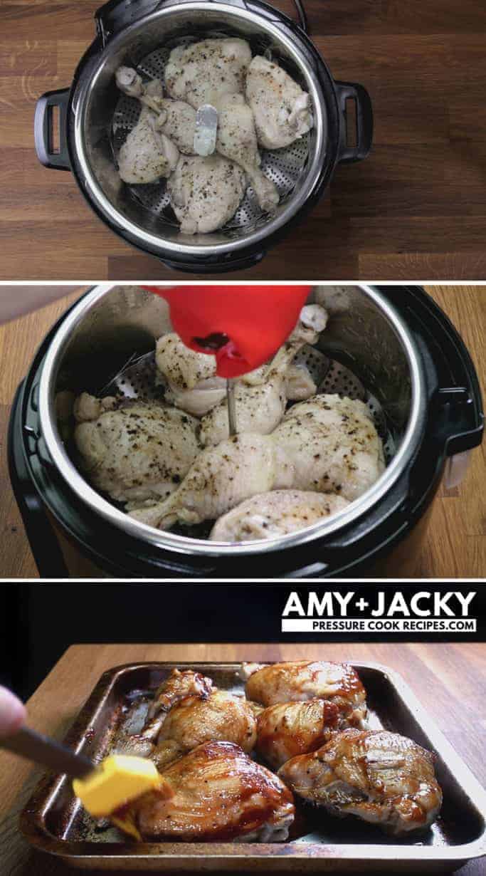Instant Pot BBQ Chicken Recipe (Pressure Cooker BBQ Chicken): coat Instant Pot Chicken with BBQ Sauce, then brown chicken under broiler #instantpot #pressurecooker #chickenrecipes #recipes #dinner #easy