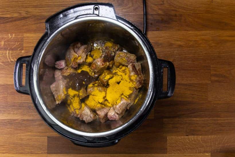 Instant Pot HK Beef Curry (咖喱牛腩): add browned beef finger meat, curry powder, fish sauce, chu hou sauce in Instant Pot Pressure Cooker