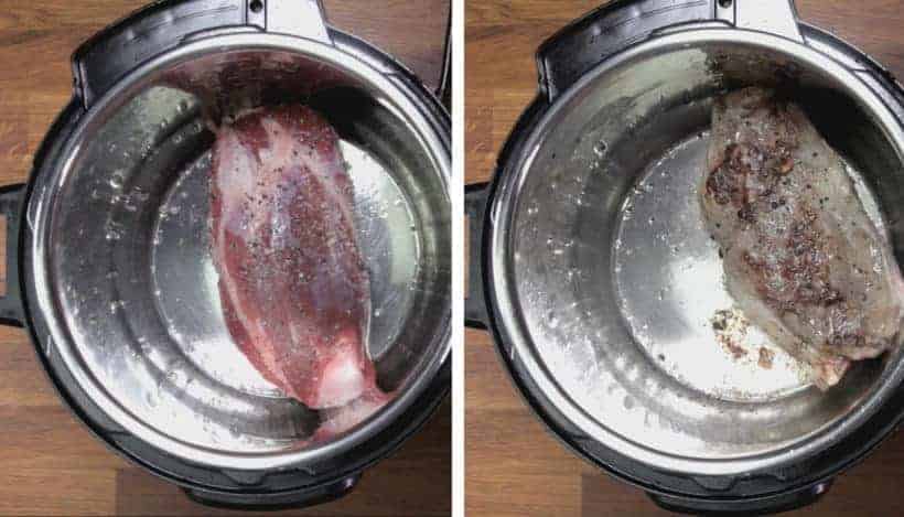 Instant Pot HK Borscht Soup: brown beef shank in Instant Pot Pressure Cooker