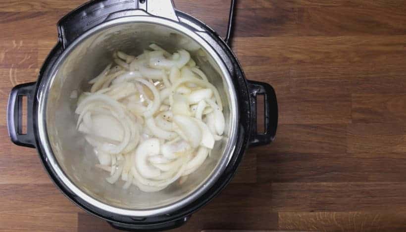 Instant Pot HK Borscht Soup: saute onions in Instant Pot Pressure Cooker until soften