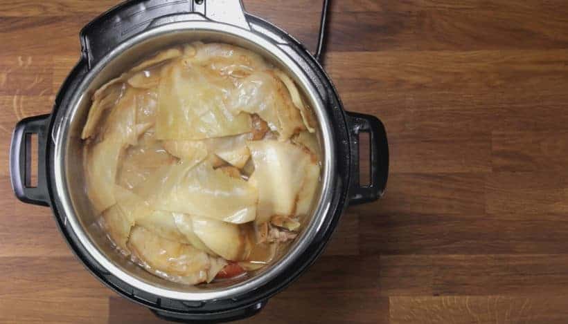 Instant Pot HK Borscht Soup: use Instant Pot saute function to bring borscht soup to a boil, stir to break up potatoes