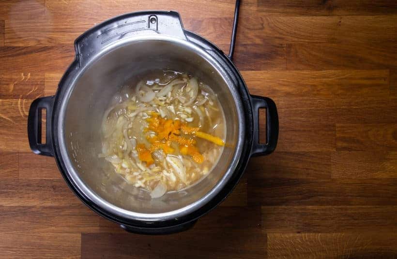 Instant Pot Orange Chicken: add chicken stock, orange juice, orange zest in Instant Pot Pressure Cooker