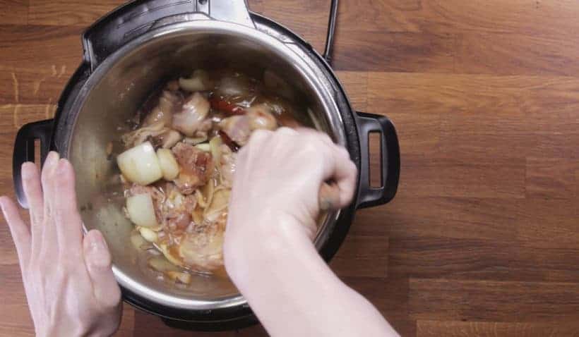 Instant Pot Chinese Chicken Stew | Instant Pot Da Pan Ji: deglaze Instant Pot Pressure Cooker with wooden spoon