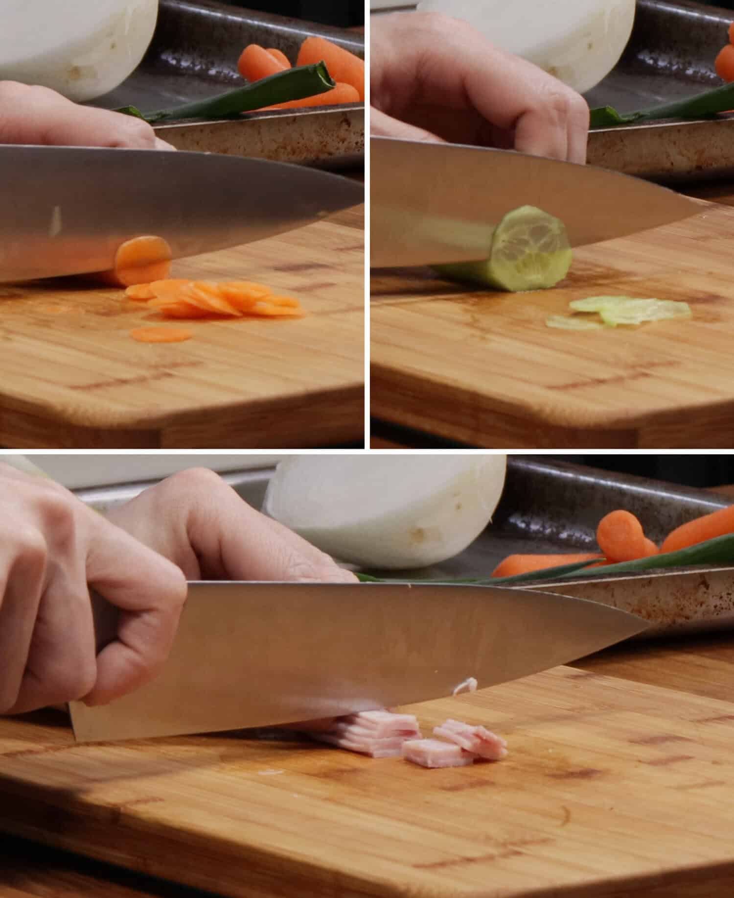 sliced carrots, sliced cucumber, diced ham